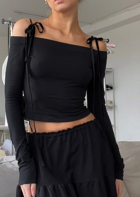 Everyday Off The Shoulder Top in Black With Velvet Ribbons
