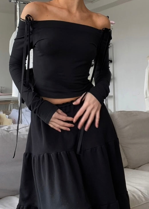 Everyday Off The Shoulder Top in Black With Velvet Ribbons